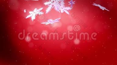 美丽的3d雪花漂浮在空气中，在红色<strong>背景</strong>下在夜间发光。 用作圣诞动画、<strong>新年贺卡</strong>或